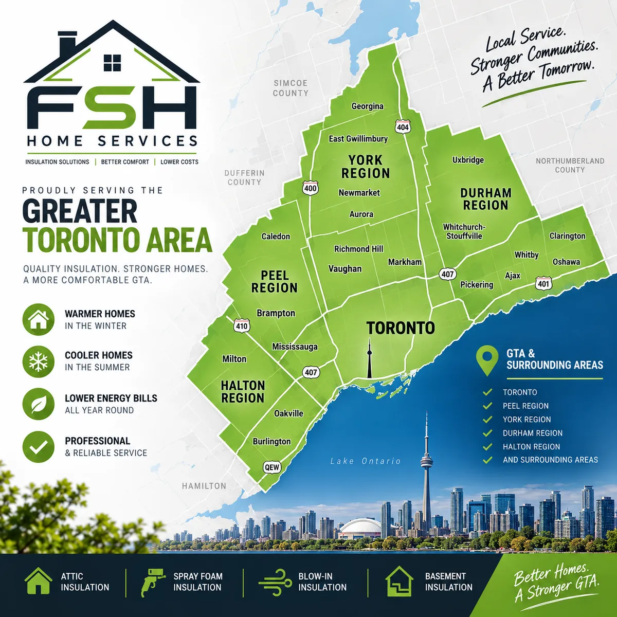 Minimal map of the Greater Toronto Area with FSH green coverage radius