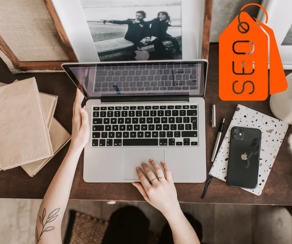 MacBook laptop featuring SEO tag icon for website optimisation services