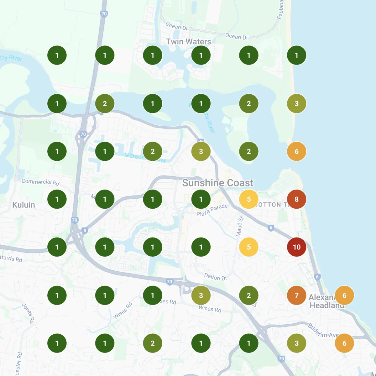 December 2025 Google Local Pack heatmap showing Scale CRM client owning 10+ top-3 positions across Maroochydore, Cotton Tree, Alexandra Headland, Mooloolaba and Buderim – Sunshine Coast, Queensland, Australia.