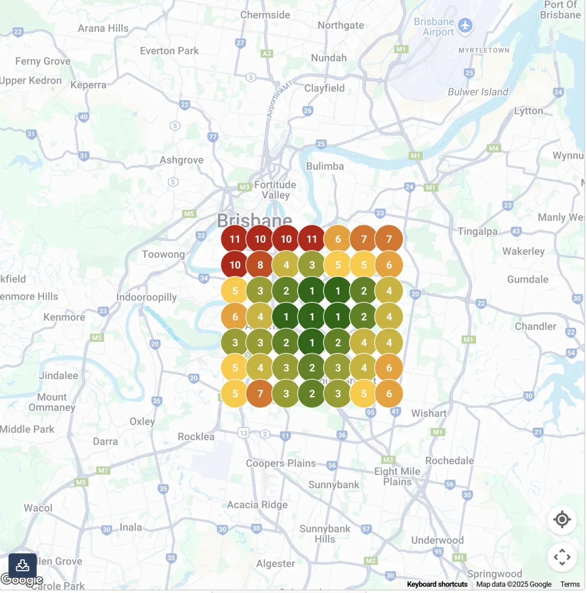 Heat map scan of a business in Brisbane showing good ranking scores for their area.