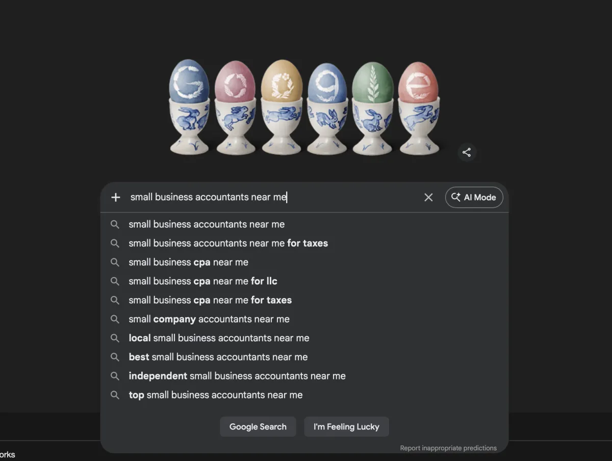 a google search for small business accountants near me for local seo