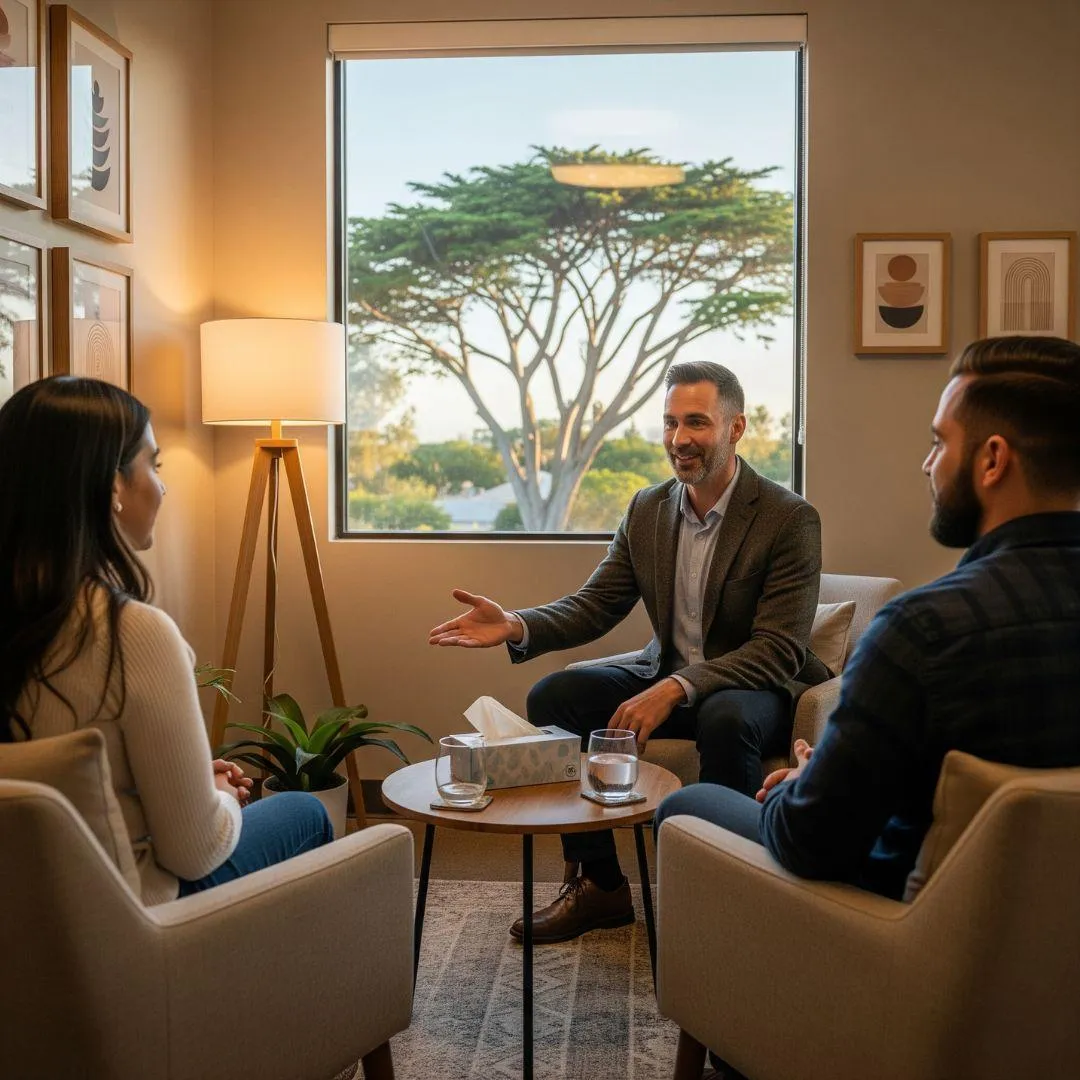 Professional therapist consultation room in Cypress Texas showing welcoming therapeutic environment with natural lighting