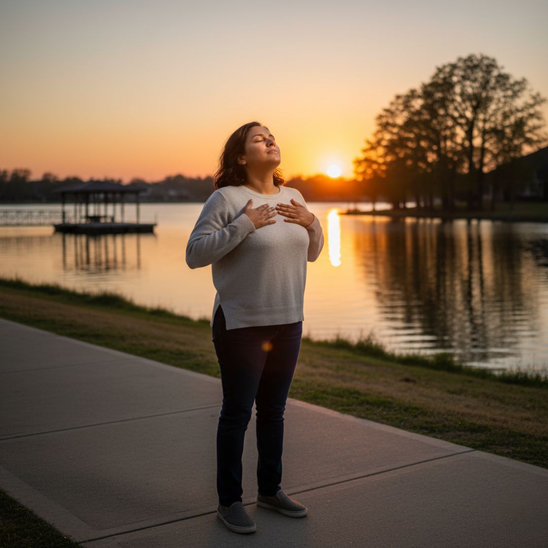 Cypress, TX resident practicing mindfulness after anxiety therapy near Bridgeland Lake.