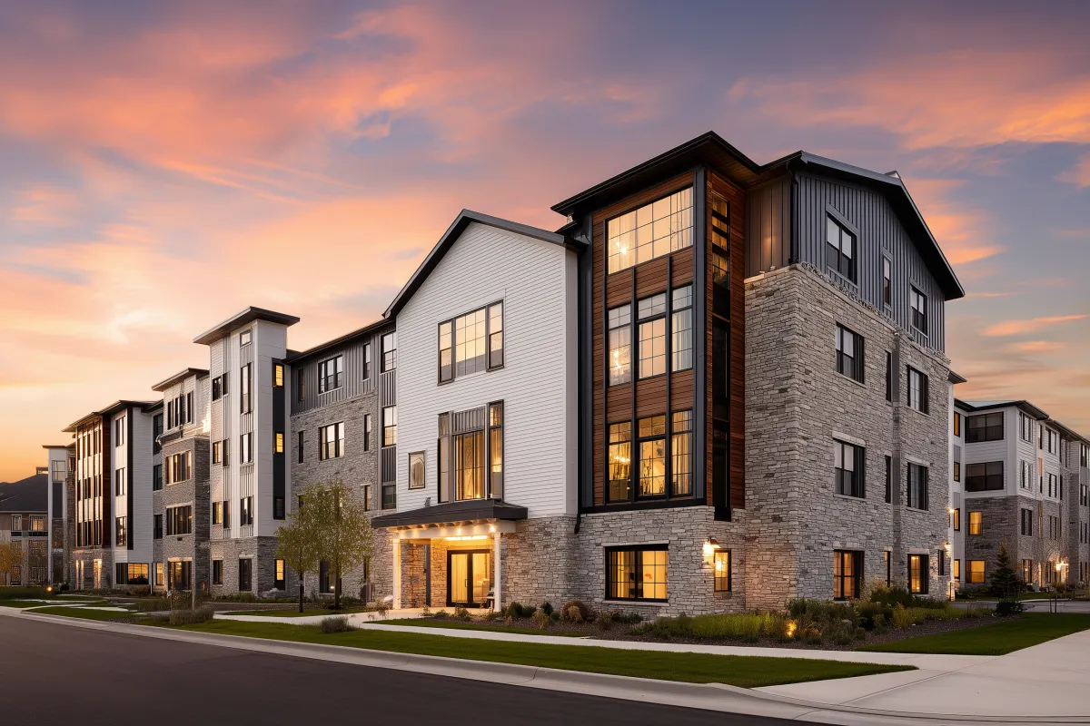 Aerial view of a modern residential building with large glass windows, surrounded by dense green forest and mist, with subtle industrial accents on the facade. The scene is bathed in soft morning light, evoking tranquility and upscale living.