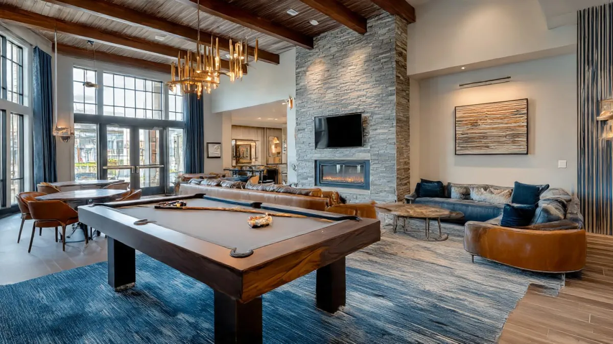 Verdara outdoor courtyard with seating and greenery, morning sunlight, residents passing by