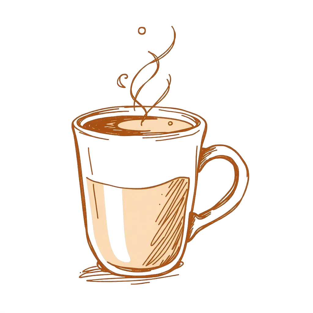 Illustration of a steaming coffee cup representing community and warmth at Coffee Story