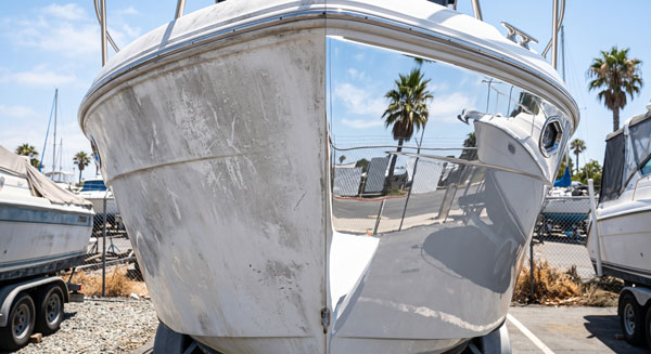 Oxidized vs restored boat gel coat showing professional detailing results near Lake Elsinore CA