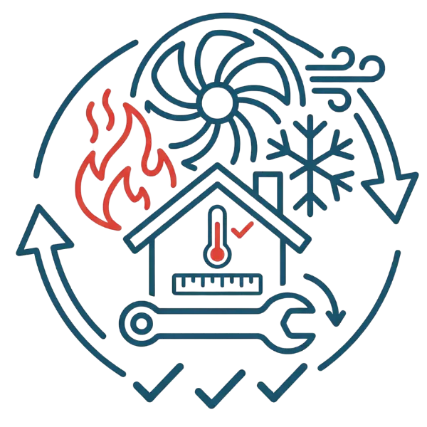 Icon representing HVAC services, featuring a house with a thermometer, flames, snowflake, fan, and wrench, symbolizing heating, cooling, and maintenance solutions for residential and commercial needs.