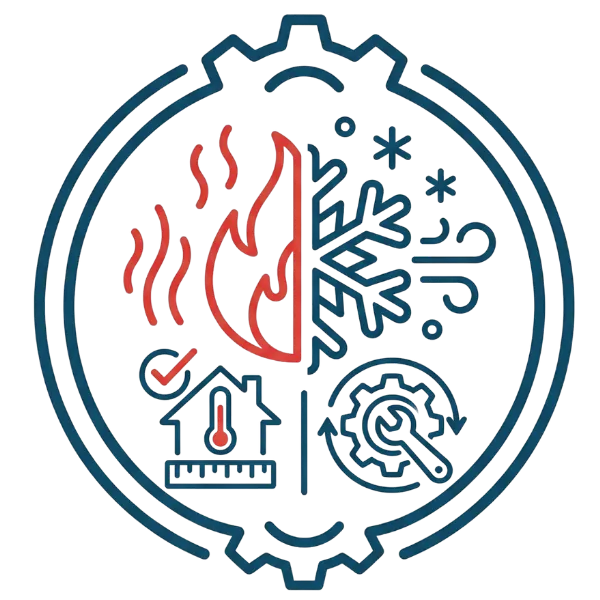 HVAC service logo featuring a flame and snowflake symbolizing heating and cooling, with elements of home comfort and system efficiency, representing Air King Heating & Cooling Inc.