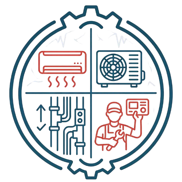 HVAC service illustration featuring air conditioning units, plumbing systems, and a technician, representing Air King Heating & Cooling's comprehensive installation and repair services.