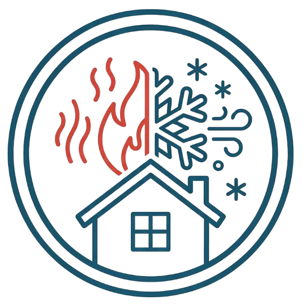 Icon representing HVAC services, featuring a house with a flame and snowflake symbolizing heating and cooling solutions, relevant to Air King Heating & Cooling's offerings.