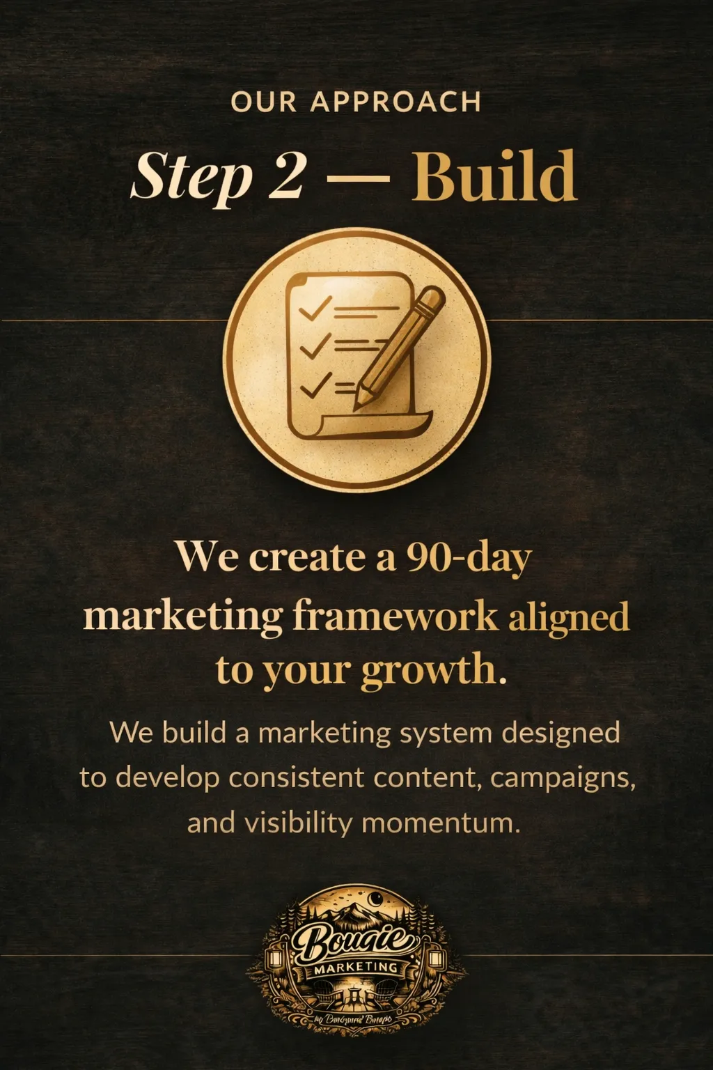 Bougie Marketing Build step graphic illustrating brand planning and content creation process, symbolizing building marketing systems for small businesses.