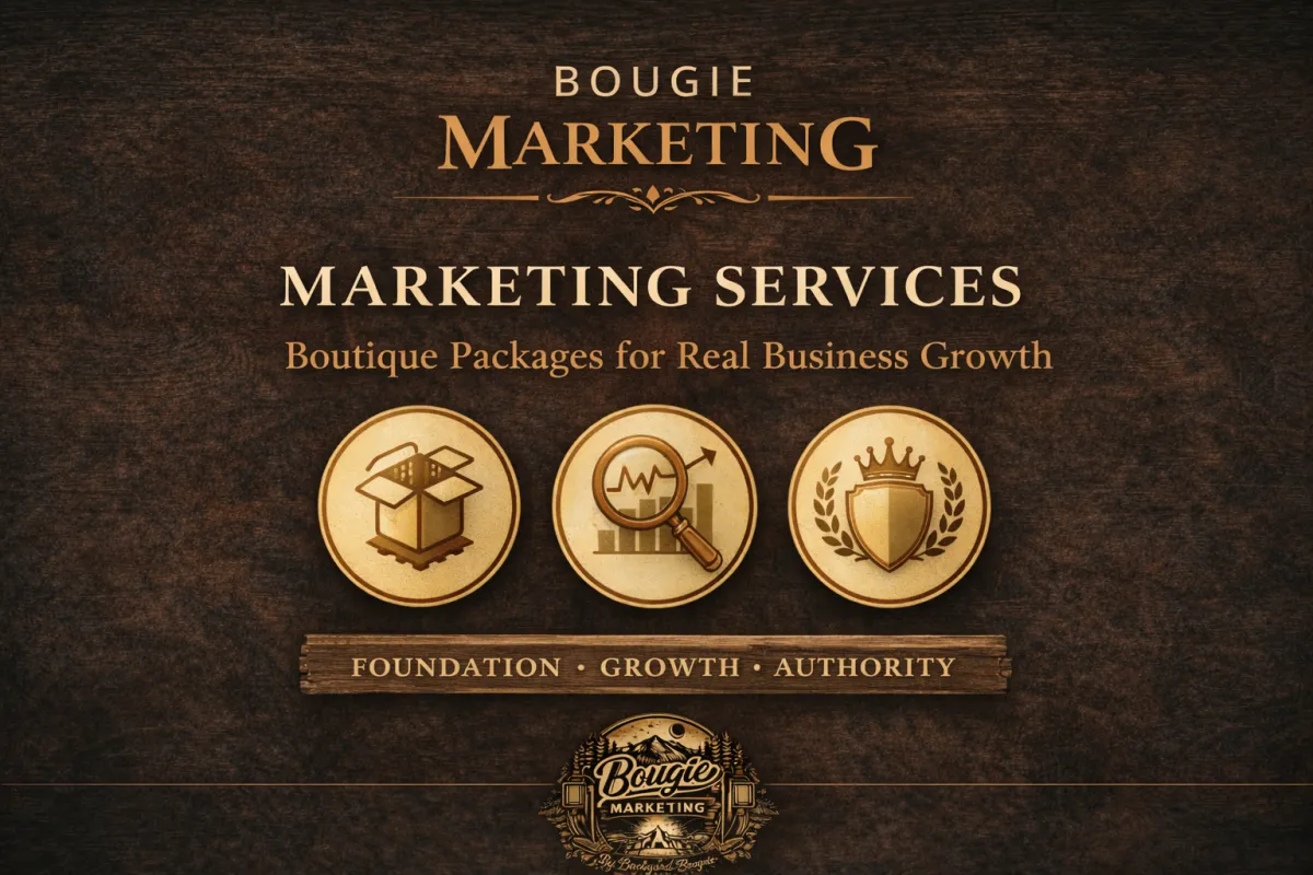 Bougie Marketing Marketing Services page header graphic showing boutique agency branding on dark wood background, introducing small business marketing packages and strategy-driven services.