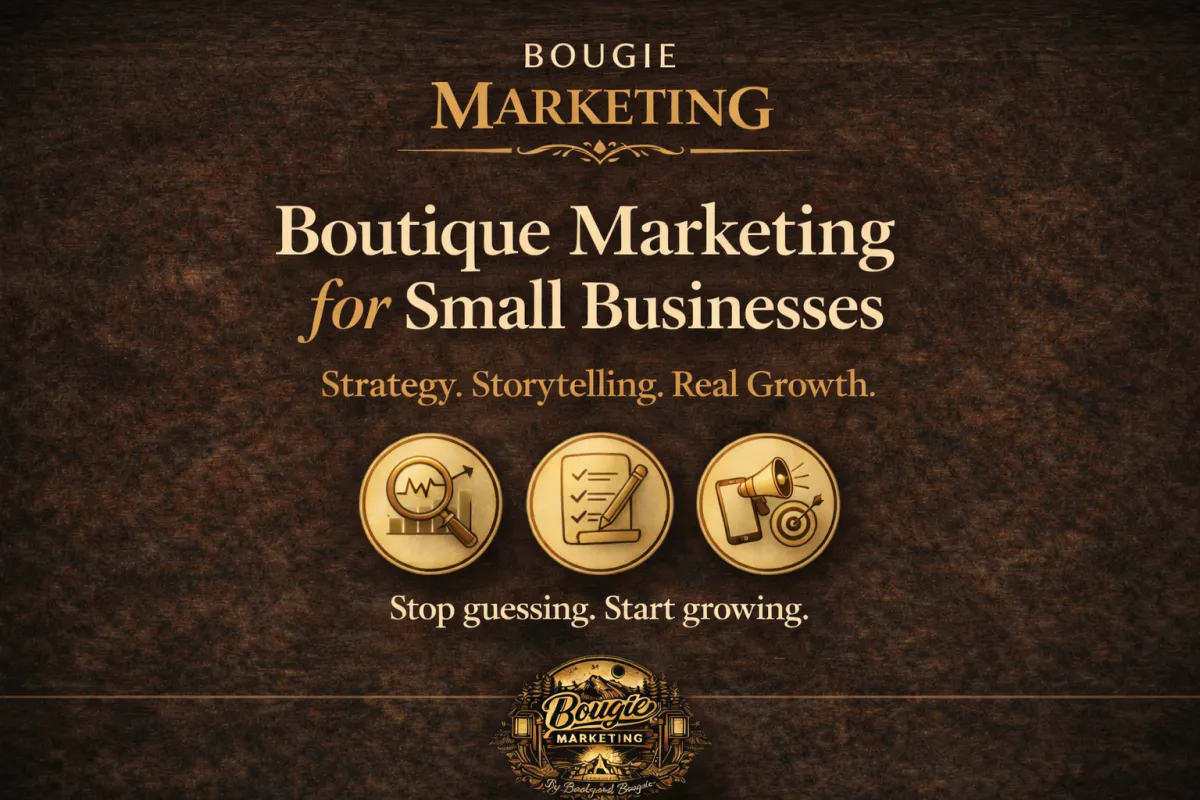 Bougie Marketing homepage hero showing boutique marketing agency branding with gold icons for Diagnose, Build, and Execute on dark wood background, representing strategy, storytelling, and growth for small businesses.