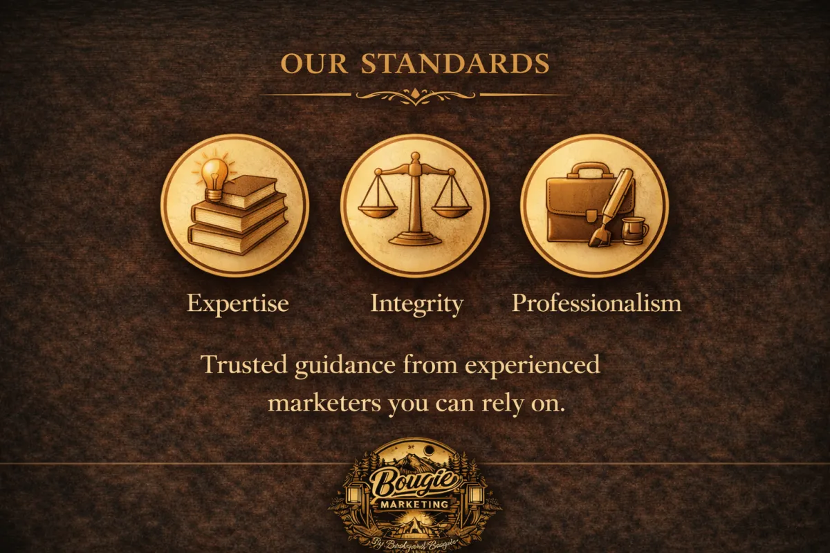 Bougie Marketing standards graphic displaying icons for expertise, integrity, and professionalism, representing trusted marketing services for local businesses.