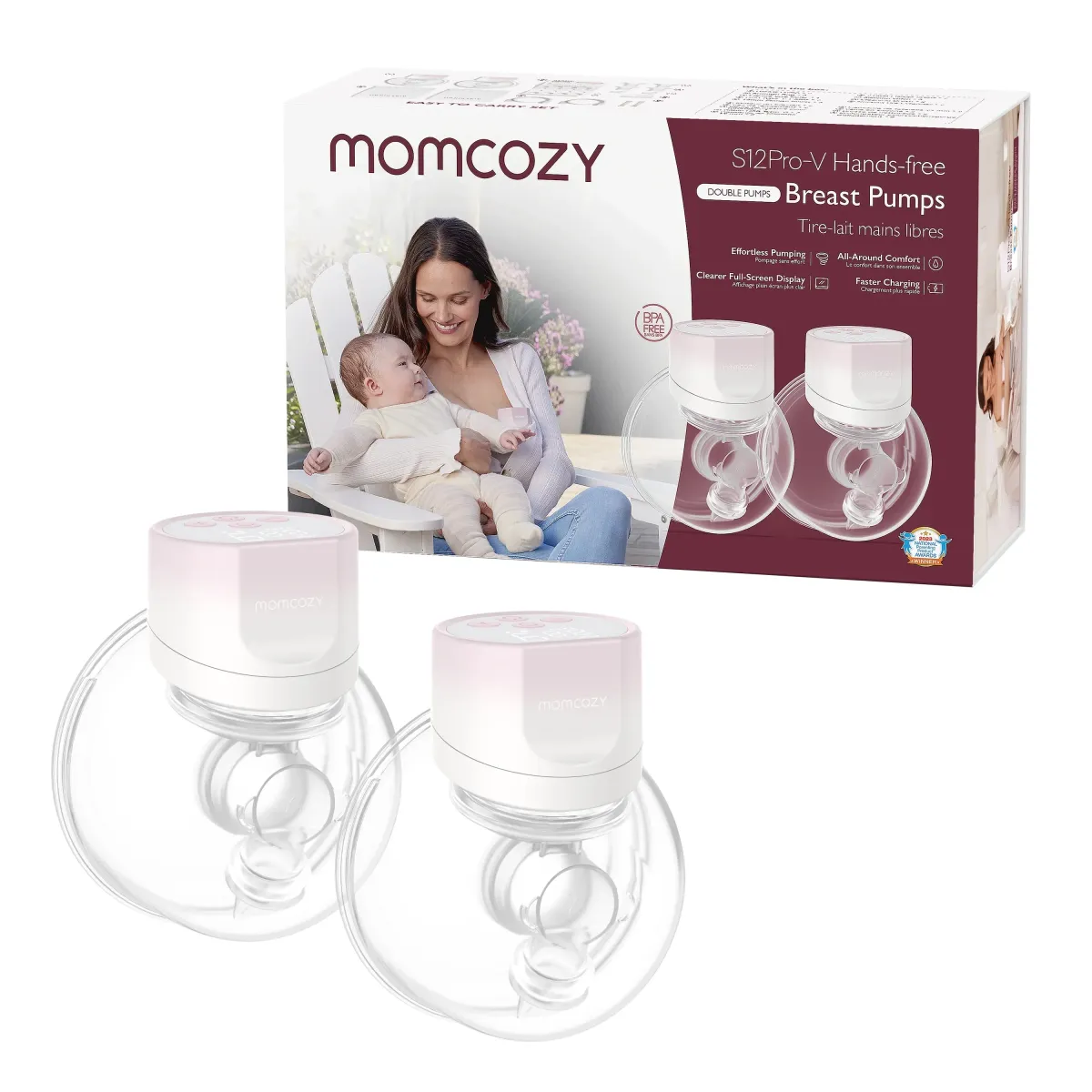 A modern, compact breast pump with digital display, placed on a white marble countertop. The device is surrounded by soft pink flowers and a glass of water, evoking a sense of calm and efficiency.