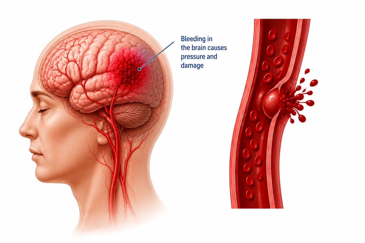 Medical illustration of a haemorrhagic stroke showing bleeding inside the brain caused by a ruptured blood vessel. The diagram highlights how bleeding increases pressure within the brain and damages surrounding brain tissue