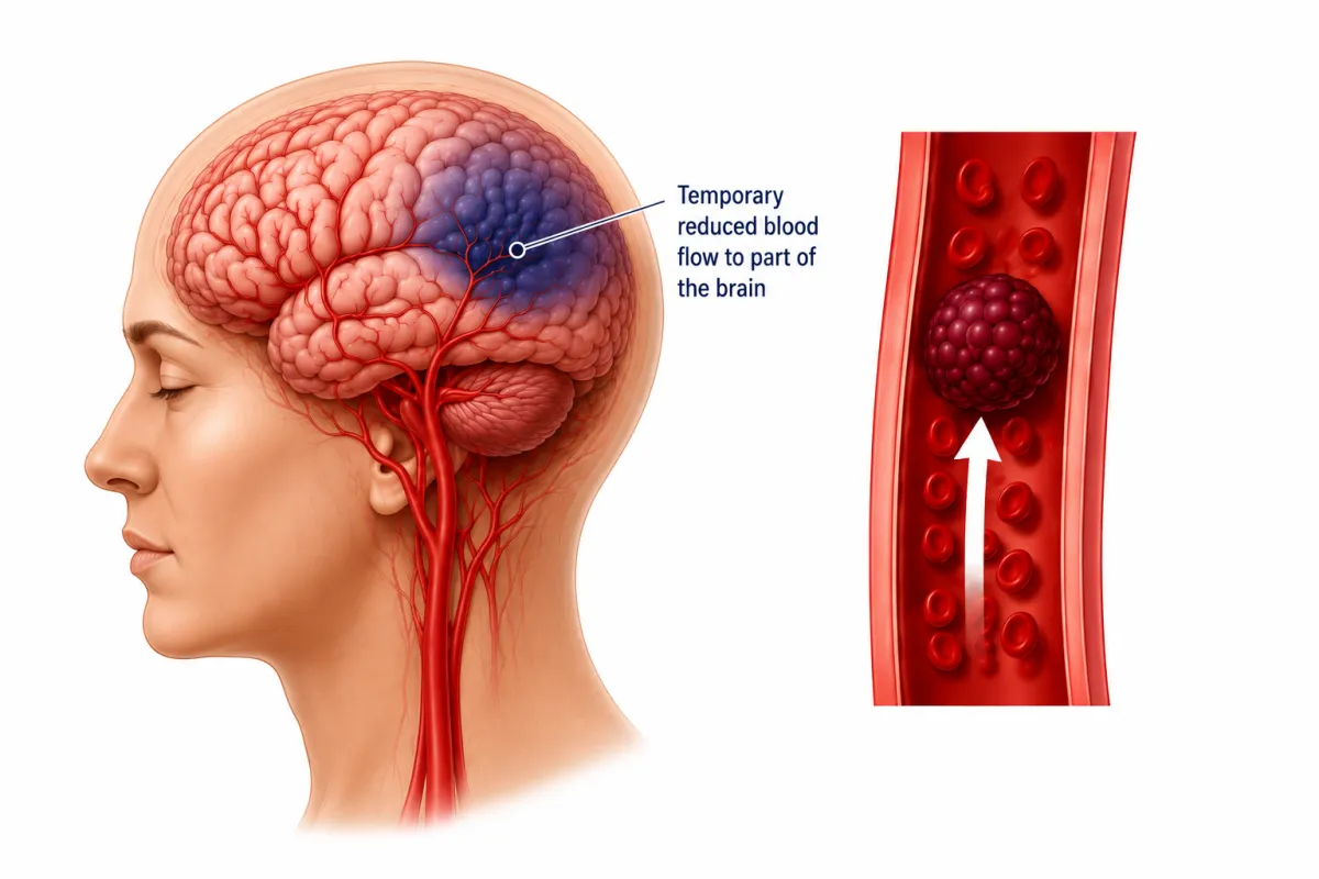Medical illustration of a transient ischaemic attack (TIA) showing a temporary blockage that briefly reduces blood flow to part of the brain before normal circulation returns. Often called a mini stroke, a TIA is a warning sign of a future stroke