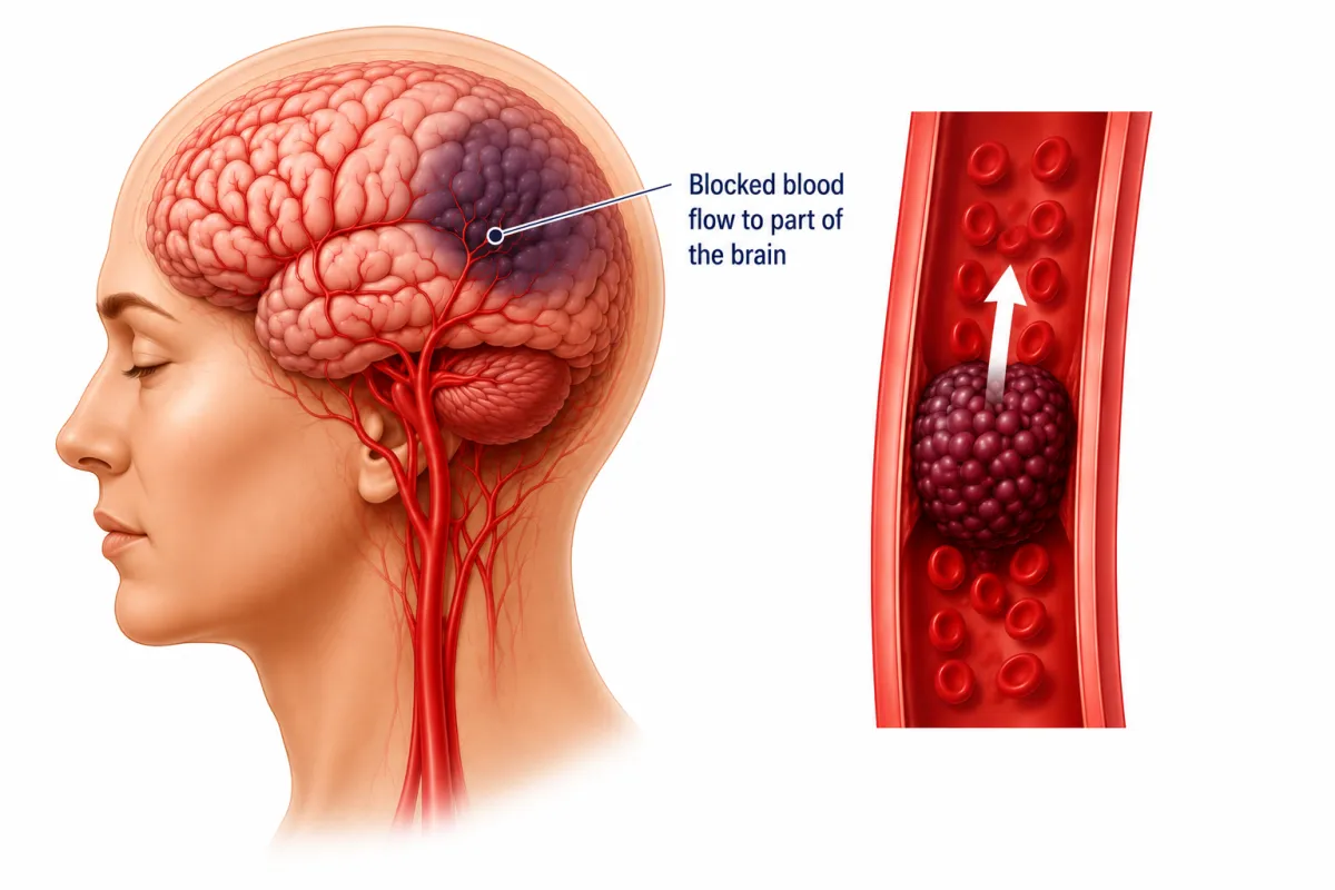 Medical illustration of an ischaemic stroke showing a blood clot blocking a brain artery, reducing blood flow to part of the brain and causing brain tissue damage