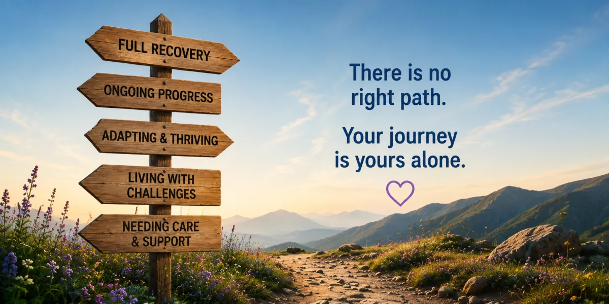 Stroke recovery journey signpost showing different paths including full recovery, ongoing progress, adapting to disability and living with long-term stroke challenges.