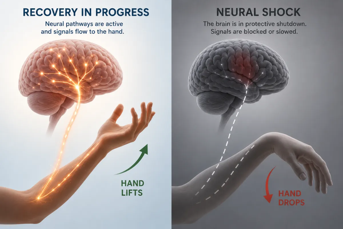 Illustration showing neural shock after stroke with disrupted brain-to-hand communication compared with healthy neural pathways restoring hand movement during stroke recovery