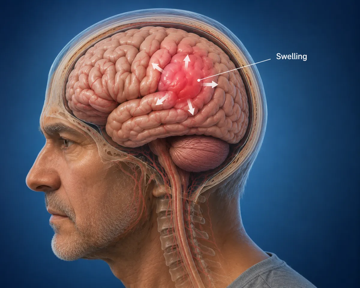 Medical illustration showing brain swelling after stroke, with localized swelling putting pressure on surrounding brain tissue inside the skull.