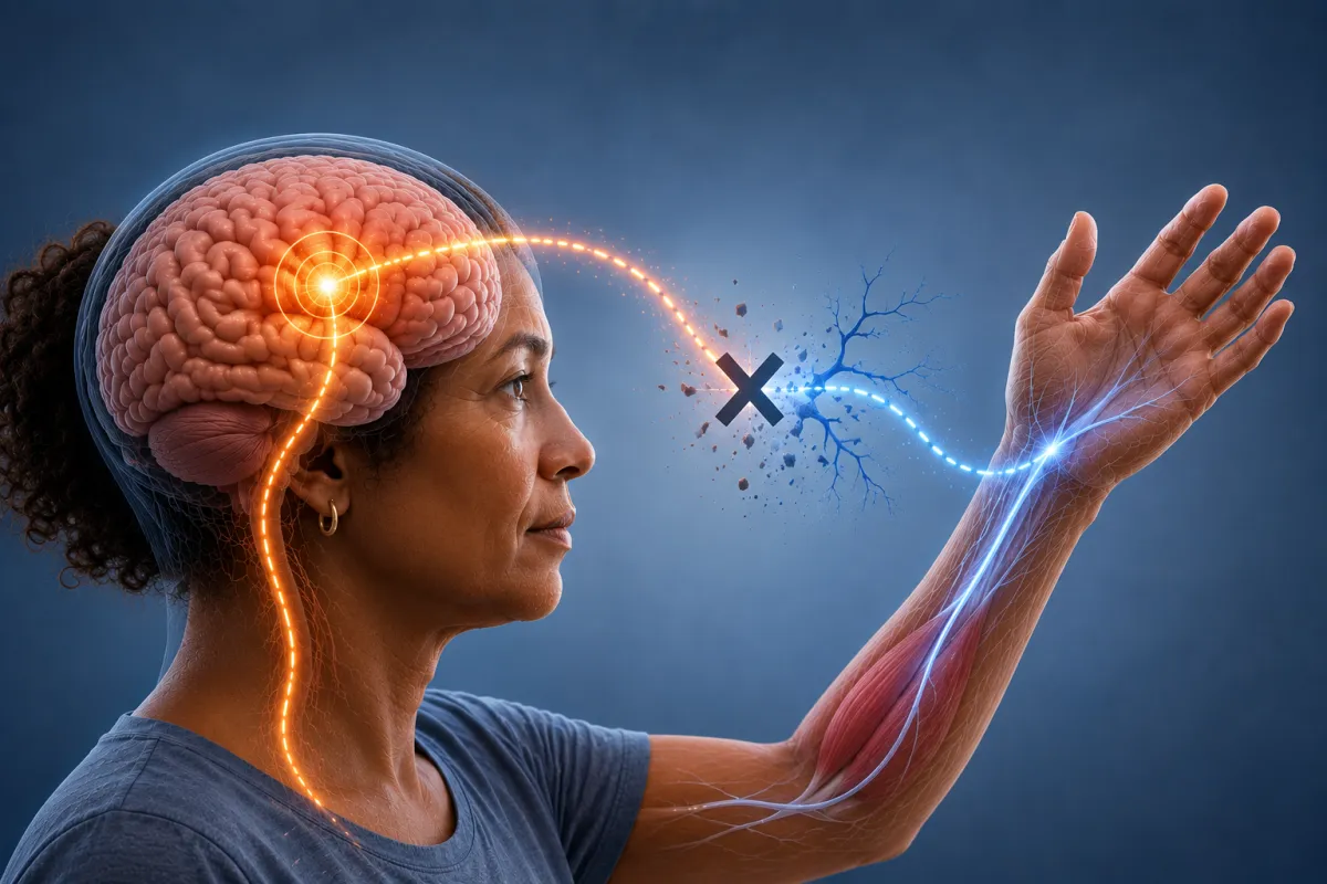 Medical illustration showing broken brain-to-body communication after stroke, where damaged neural pathways prevent movement signals from reaching the muscles.