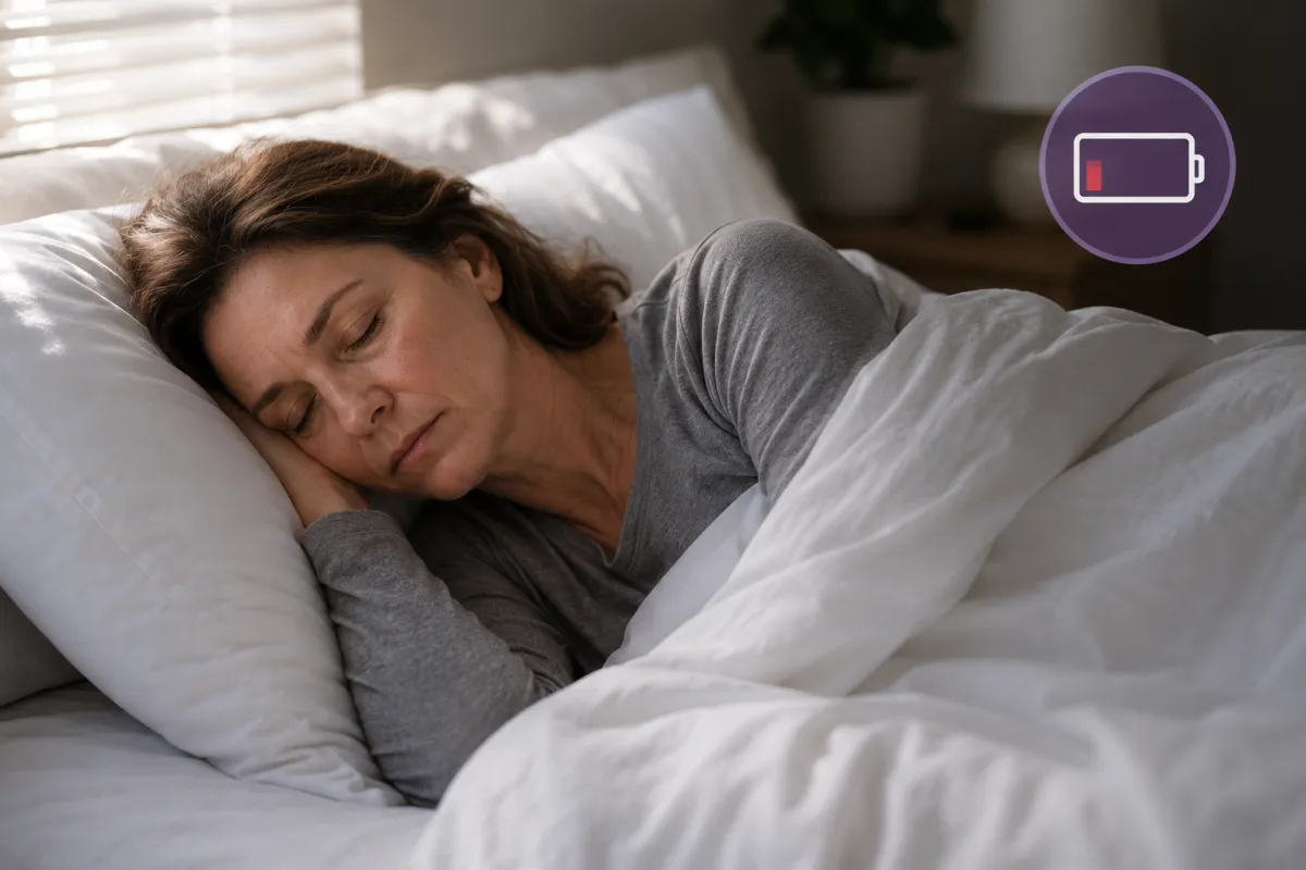 White woman sleeping in bed during the day with a low battery icon symbolising extreme post-stroke fatigue, illustrating the invisible exhaustion many stroke survivors experience during recovery.