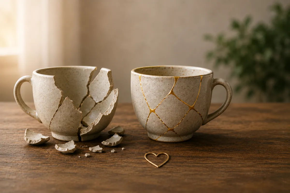 Broken ceramic mug beside a repaired kintsugi mug with gold-filled cracks, symbolising stroke recovery, brain healing, resilience, and rebuilding after life-changing injury.