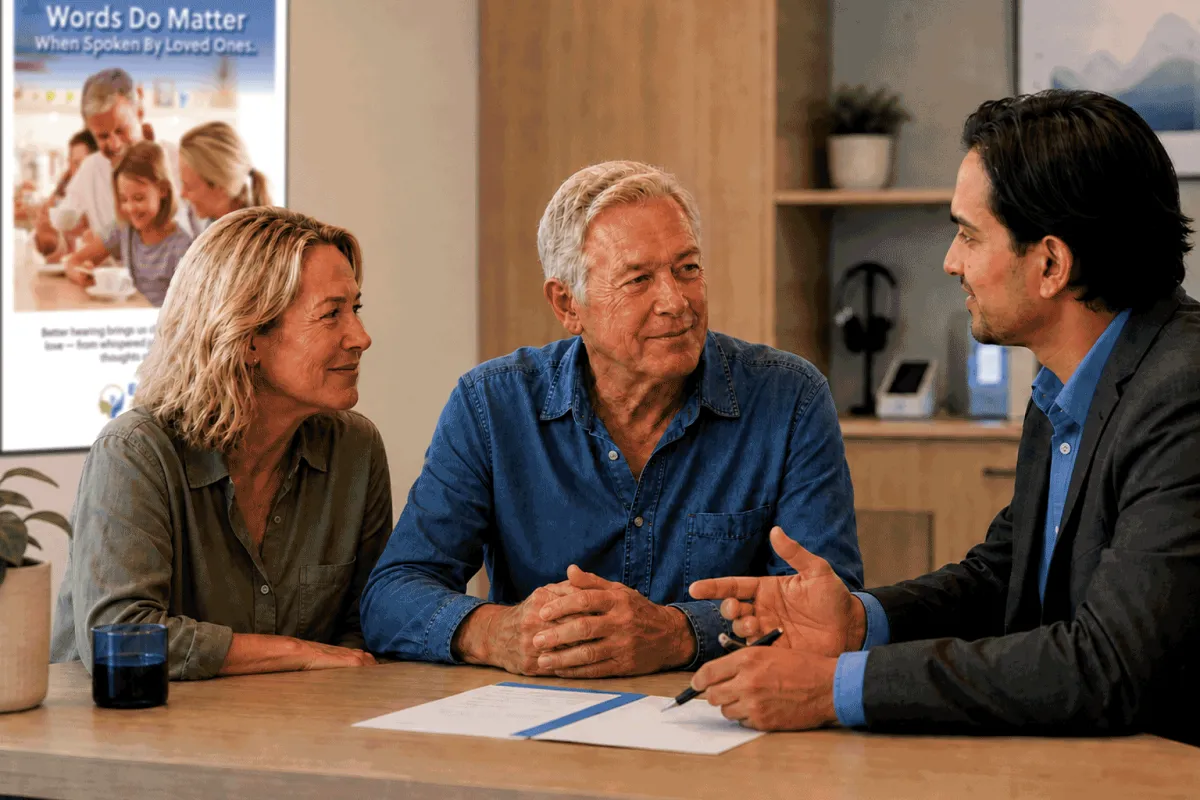Essence Audiology audiologist explaining hearing test results to a client and family member in a bright consultation room, Wagga Wagga, Albury and Wodonga.