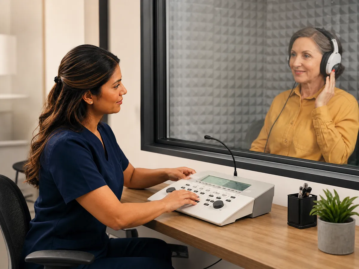 Audiologist conducting a hearing test with a client in a sound-treated booth