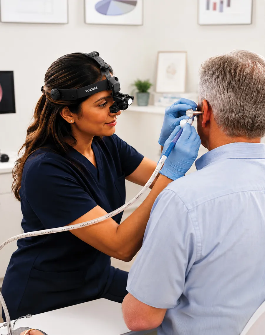 audiologist from essence audiology performs earwax removal