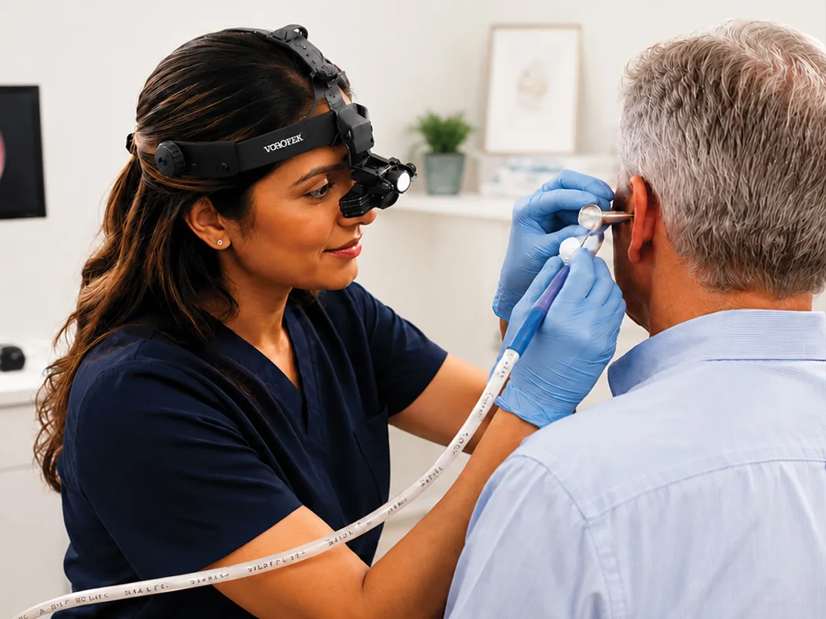 audiologist from essence audiology performs earwax removal