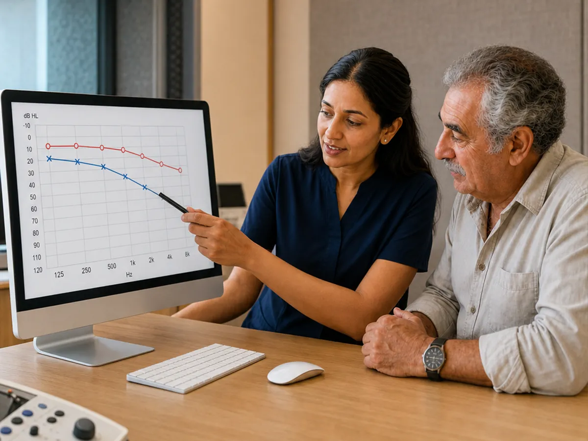 audiologist explains hearing test results to a client