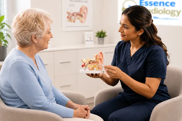 Audiologist using an ear model to describe