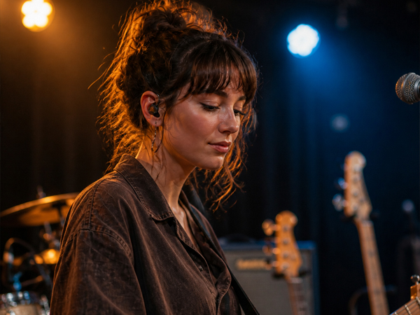 Musician wearing filtered custom earplugs during a live soundcheck.