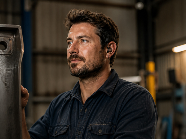 Tradesperson wearing custom-fitted earplugs in a workshop.