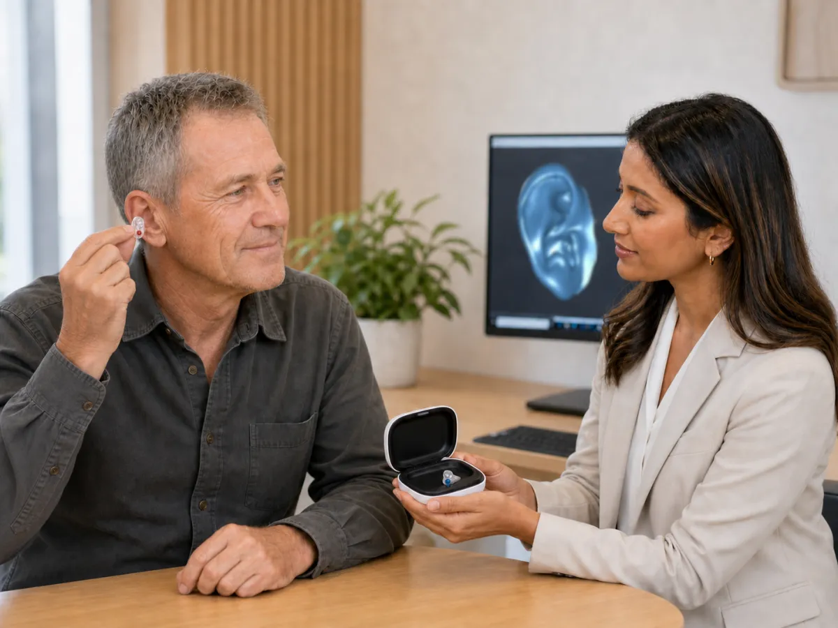 Essence Audiology audiologist presents a client with his custom made earplugs
