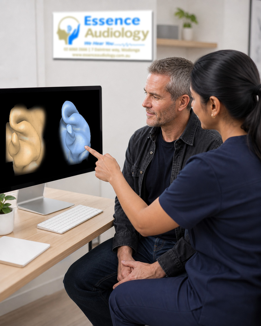 Essence Audiology audiologist talking through a 3d ear scan with a client