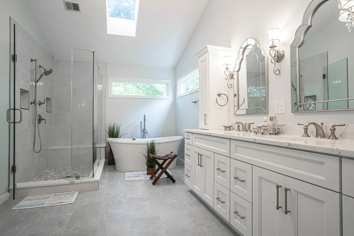 Professional bathroom remodel in Roanoke with soaking tub, double vanity, and stylish fixtures