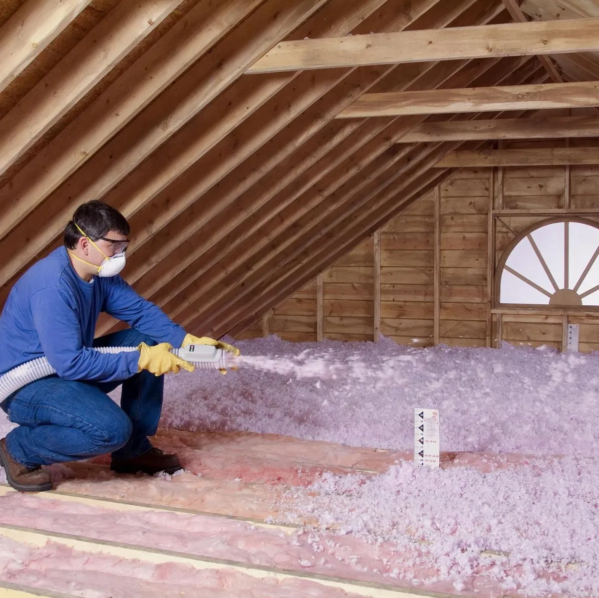 Worker applying blown-in insulation