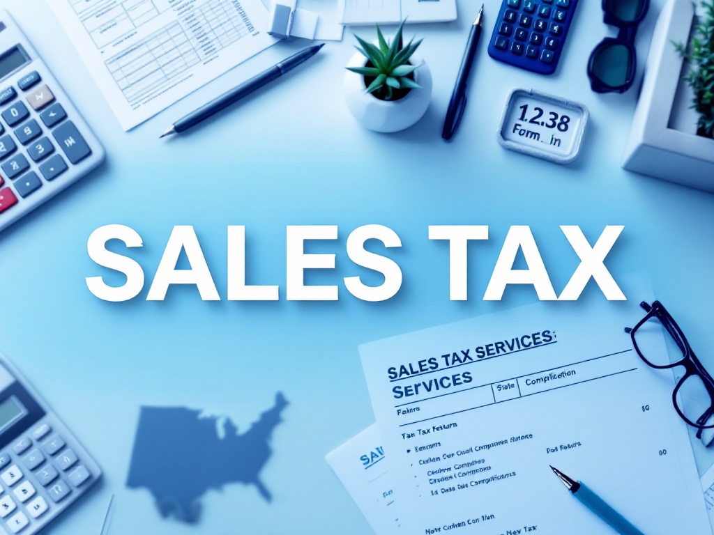 Professional sales tax services banner featuring tax forms, financial documents, and digital reporting tools, highlighting Justice Accounting's expert sales tax solutions in Melbourne