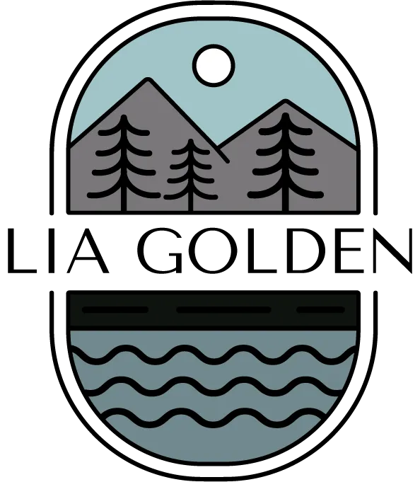 nature mountains trees water road van life logo