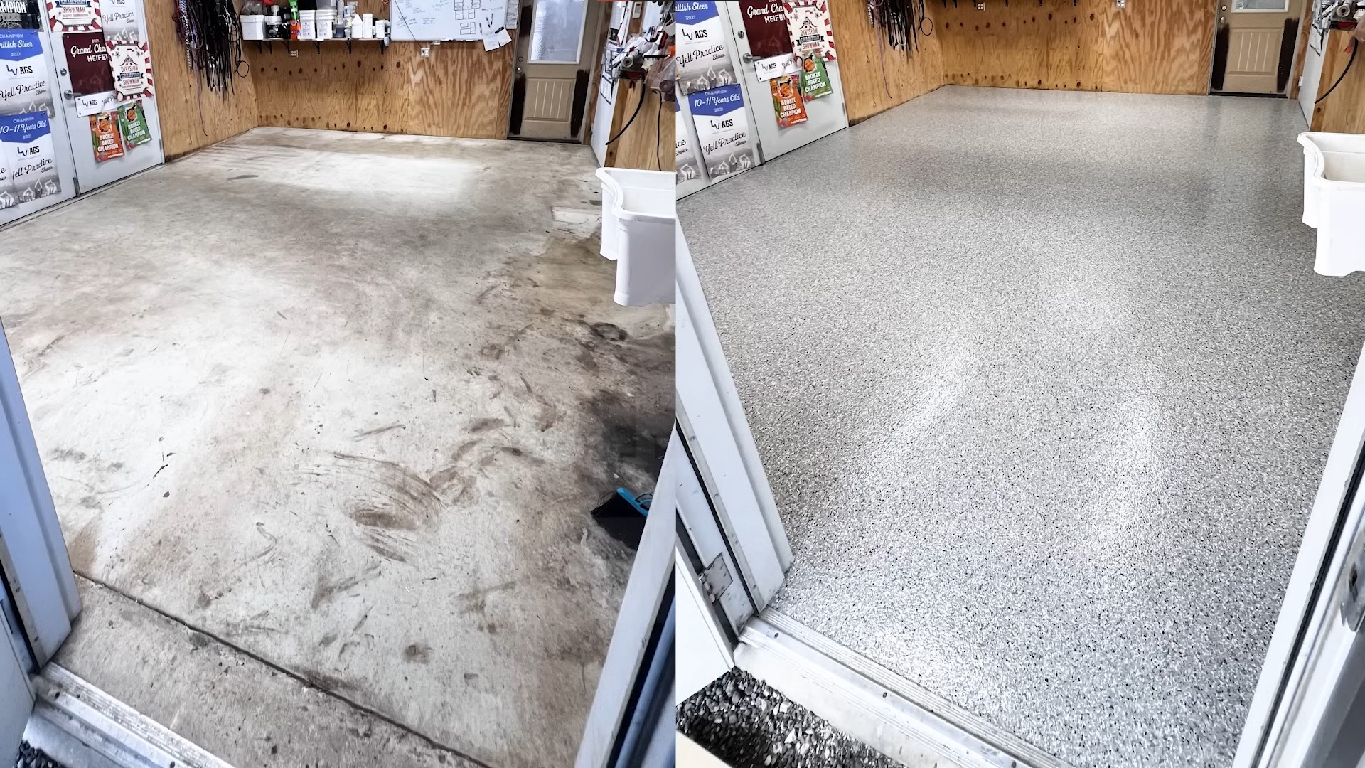 before and after from concrete to epoxy flake floor