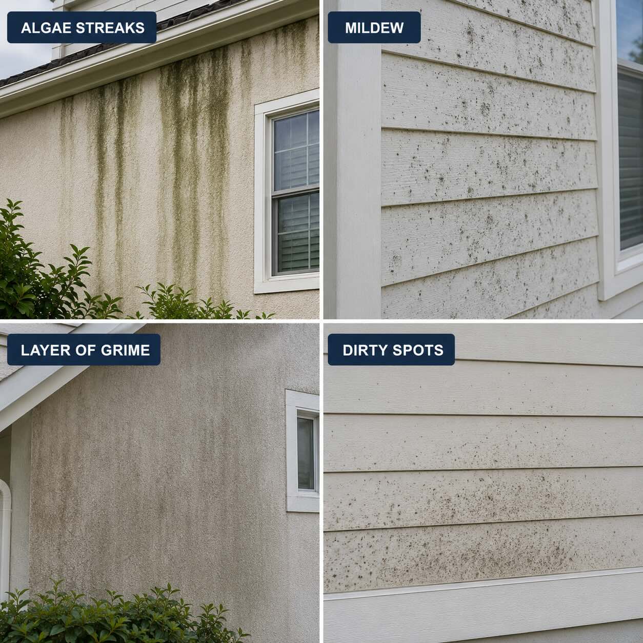 2x2 Image of algae streaks, mildew, layer of grime, and dirty spots. SV Exterior Home Cleaning