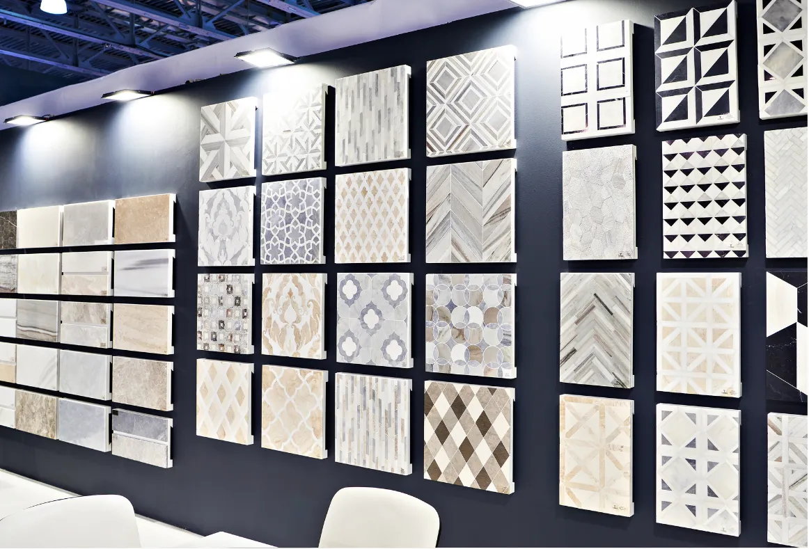 Tile and stone samples displayed for flooring and wall installation options