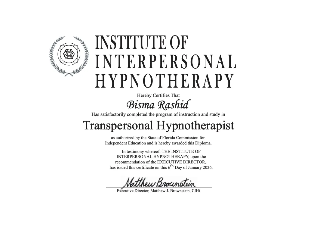 Bisma Rashid Hypnosis Certifications