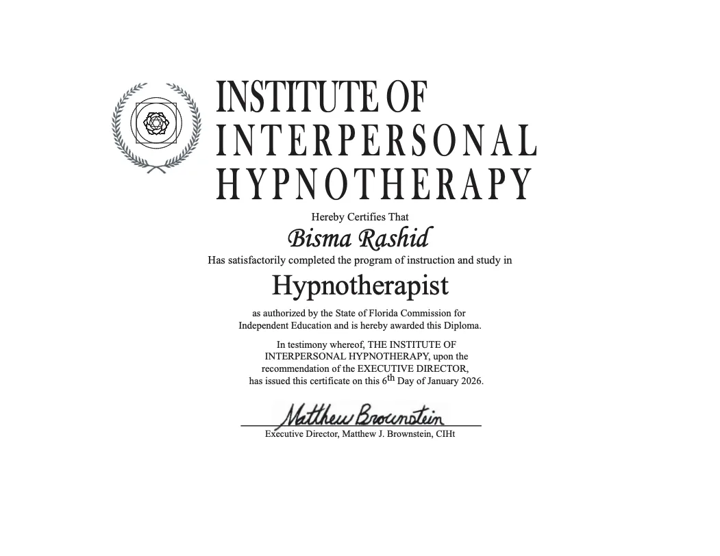 Bisma Rashid Hypnosis Certifications