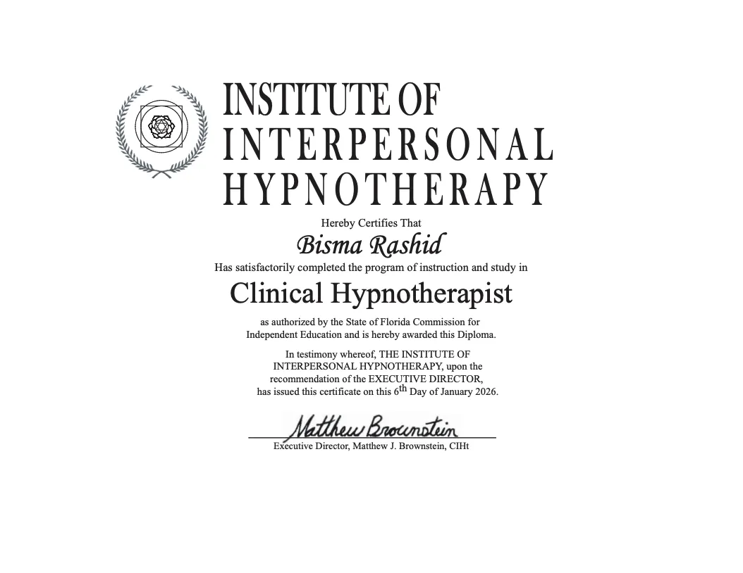 Bisma Rashid Hypnosis Certifications