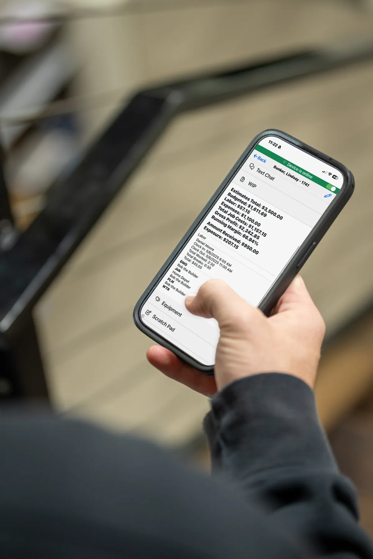 Real-time work in progress report for job costing.